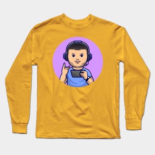 Cute Man Gamer Playing Game With Headphone Cartoon Long Sleeve T-Shirt